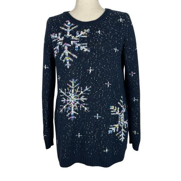 J Jill Sweater Women Small Navy Knitted Snowflake Speckled Tunic Ski Lodge - Picture 1 of 10